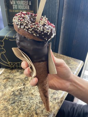 Savory (?) sourdough doughnut cone with hazelnut ice cream  at Giapo in Auckland