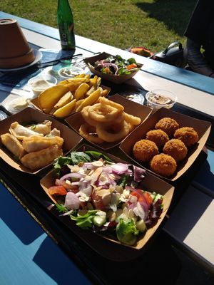 Gyoza, salade, bitterballen, uienringen en frietjes at Roots Rock Kitchen in Utrecht