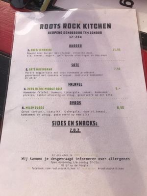 Menu august 2020 at Roots Rock Kitchen in Utrecht