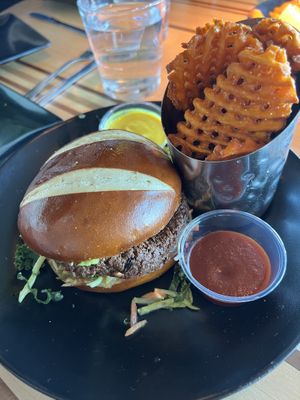 Veggie burger + sweet potato fries  at DEN - Root Down - TC in Denver