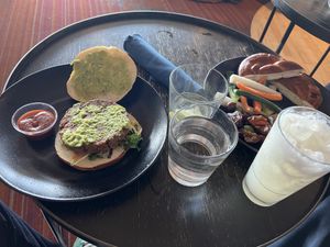  Veggie burger and hummus platter, with cocktail   at DEN - Root Down - TC in Denver