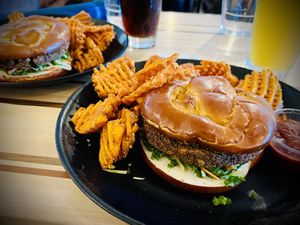 Veggie Burger w/ sweet potato friess  at DEN - Root Down - TC in Denver