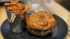 Vegan burger with sweet potato fries   at DEN - Root Down - TC in Denver