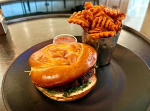 Vegan burger and sweet potato waffle friess #Veganuary at DEN - Root Down - TC in Denver