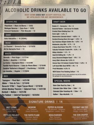 Regular menu   at DEN - Root Down - TC in Denver
