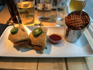 Banh Mi with country fried tofu and sweet potato fries at DEN - Root Down - TC in Denver