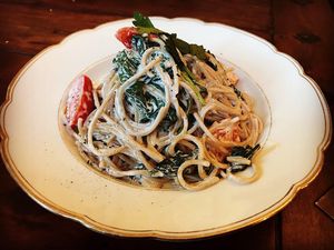 Pasta in Spinat-Rahm und Weißwein at Kruemelkueche in Duisburg