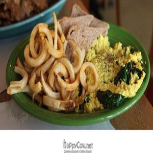 breakfast scramble with curly fries nom at Curly's Vegetarian Lunch in New York City