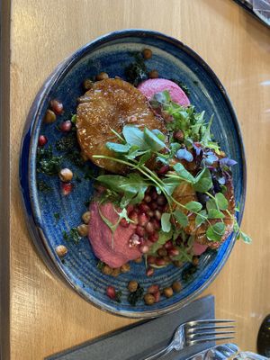 Celery steak on sweetpotatoe mash and beetroot humus at GOTT in Vestmannaeyjar