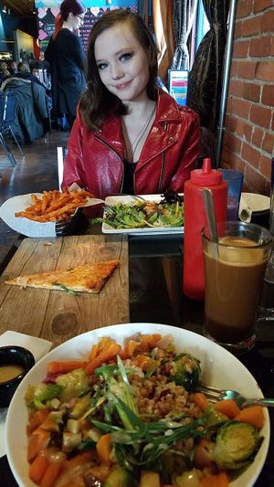 Me- Harvest bowl (vegan) friend- sweet potato fries & sesame ginger salmon (I think) at Lost Dog Cafe in Binghamton