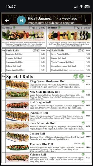 Vegetarian rolls (most are vegan)  at Hida Japanese Sizzling Skillet & Grill in Denver