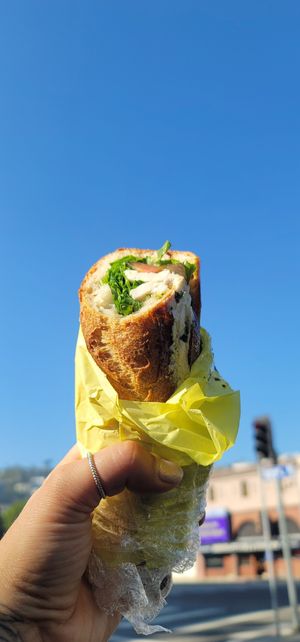 Fresh mozzarella sandwich at Vromage Dairy-Free Cheese Shop in West Hollywood