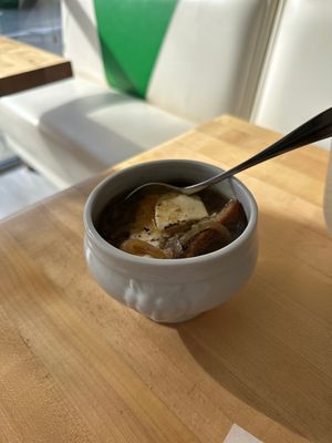 French onion soupp  at Vromage Dairy-Free Cheese Shop in West Hollywood