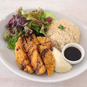 Vegan katsu plate with brown rice at AIN SOPH.SENDAI in Sendai