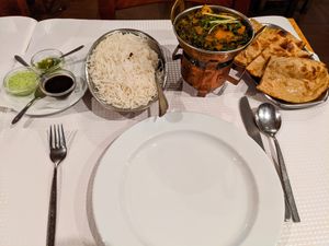 Saag Alo, Roti, and complimentary rice and chutneys at Everest Montahne at Everest Montanha in Lisbon