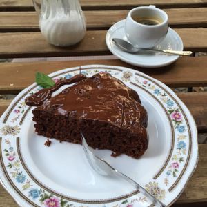 chocolate cake and coffee.  at Brunetti's Veganarium in Berlin