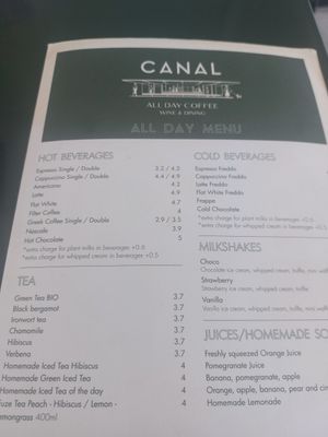 Menu drinks at Café Canal in Athens