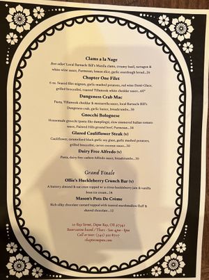 Back of menu   at Chapter One in Depoe Bay