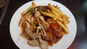 French potatoes, seitan, and some others vegan meats. at Vegegården in Malmo