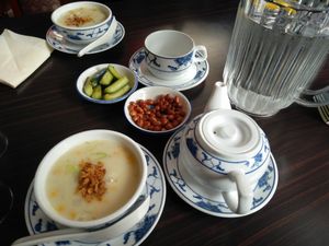 soup with some entrees (pickles and peanuts) at Vegegården in Malmo