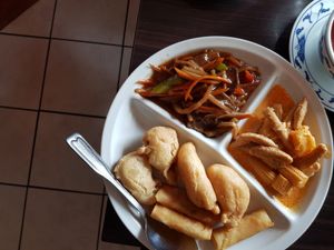 Fried "shrimp" , wok, red curry at Vegegården in Malmo