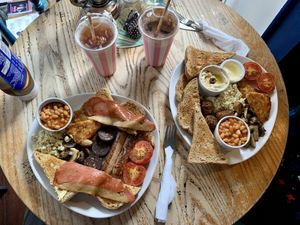 Vegan breakfast, falafel breakfast + drinks   at The Old Hardware Shop in Liverpool