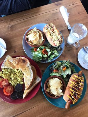 Scrambled tofu; meatball sub; original dog at The Old Hardware Shop in Liverpool