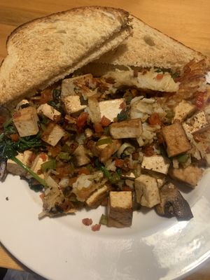Vegan hash with tofu and sourdough bread at Notchtop Bakery and Cafe in Estes Park