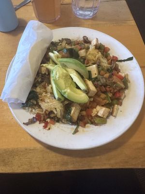 Veggie hash, with cajun tofu + avocado, + corn tortillas. Added hot sauce and it was great!  at Notchtop Bakery and Cafe in Estes Park