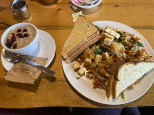 Veggie hash with Cajun tofu + sourdough dry toast  at Notchtop Bakery and Cafe in Estes Park