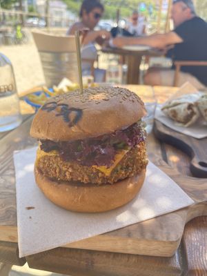 Vegan burger  at Ona Beach Bar in Roses