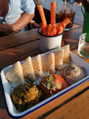3 dips (dahl, muhammara, babaganoush) at Ona Beach Bar in Roses
