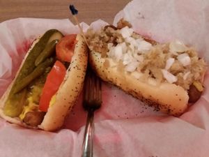 Chicago dog on left, Real Man on right.  at Dirty Frank's Hot Dog Palace - W Broad in Columbus