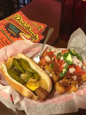 One of the many vegan hotdog options at Dirty Frank's along with vegan chili tots.  Excellent.  at Dirty Frank's Hot Dog Palace - W Broad in Columbus