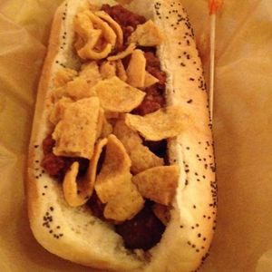 Fritos and chili on vegan hot dog at Dirty Frank's Hot Dog Palace - W Broad in Columbus