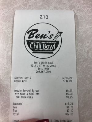 Not cheap for a dive joint burger meal   at Ben's Chili Bowl in Washington