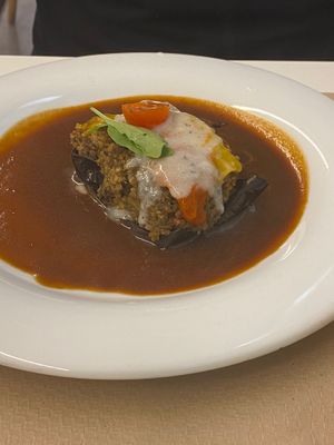Quinoa stuffed aubergine  at Km.0 in San Sebastian