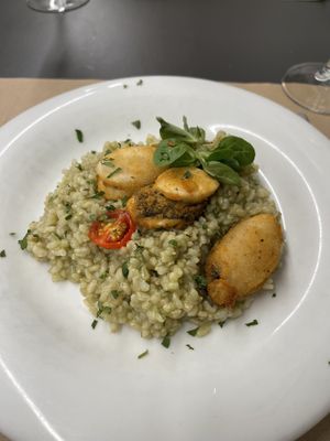 Arroz integral en salsa verde con palitos de mar  at Km.0 in San Sebastian