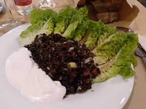 First course / day 1 / lentil salad with all-i-oli (garlic vegannaise) at Km.0 in San Sebastian