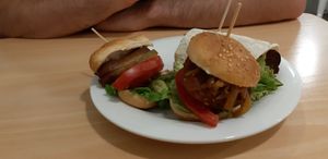 Vegan hamburger, vegan sausage, vegan falafel wrap at Km.0 in San Sebastian