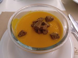 1st  course / Pumpking creamy soup at Km.0 in San Sebastian