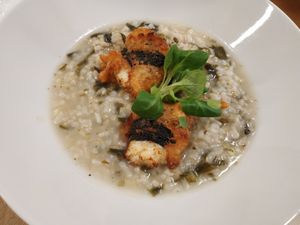 Arroz integral en salsa verde con palitos de mar at Km.0 in San Sebastian