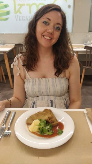 Seitan with creamed potatoes and peach sauce at Km.0 in San Sebastian