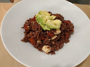 arroz rojo, berenjena, tofu y aguacate at Km.0 in San Sebastian