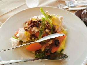 Greek salad with vegan feta at Gran Aladino in Corfu