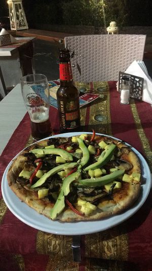 Vegan Pizza with avocado  at Gran Aladino in Corfu