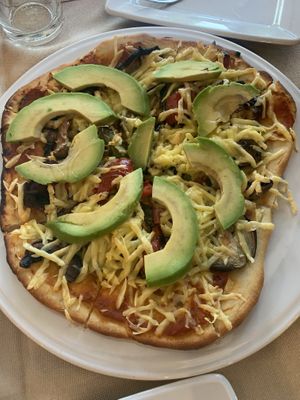 Vegan pizza with vegan cheese! at Gran Aladino in Corfu