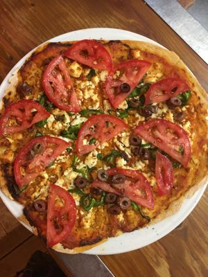 Greek homemade pizza with vegan cheese !!!!  at Gran Aladino in Corfu