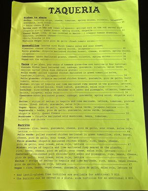 Menu  at Taqueria in Tel Aviv