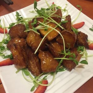 Pork Ribs with Strawberry Sauce (the so-called pork ribs are actually lion's mane mushroom at Meet At Sakura Veggie in Kowloon